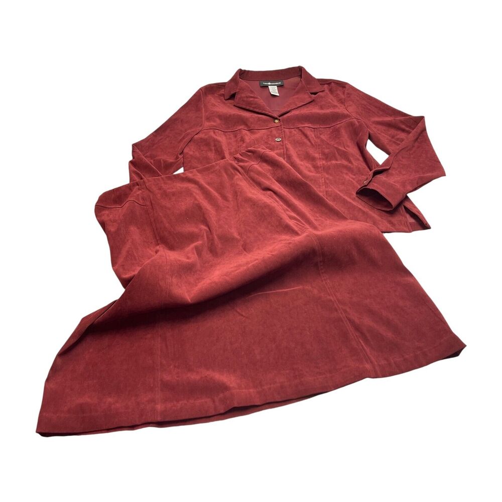 Sag Harbor 2-Piece Skirt Suit Women's 16 Maroon Stretch Collared Elastic Waist - Picture 1 of 12
